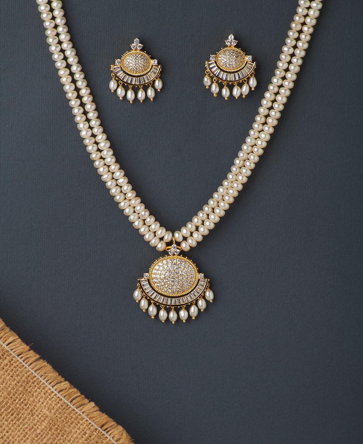 Trendy Stone Studded White Pearl Necklace Set - Chandrani Pearls