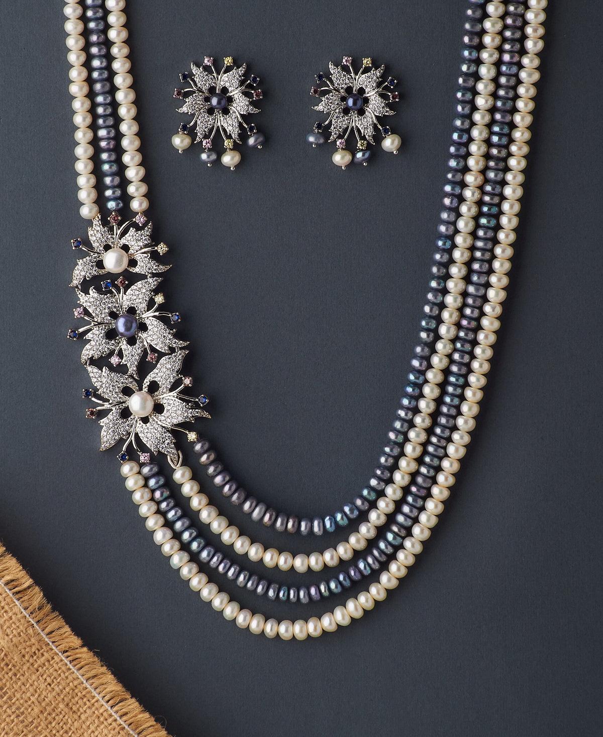 Triple Florial Gorgeous White/Black Pearl Necklace Set