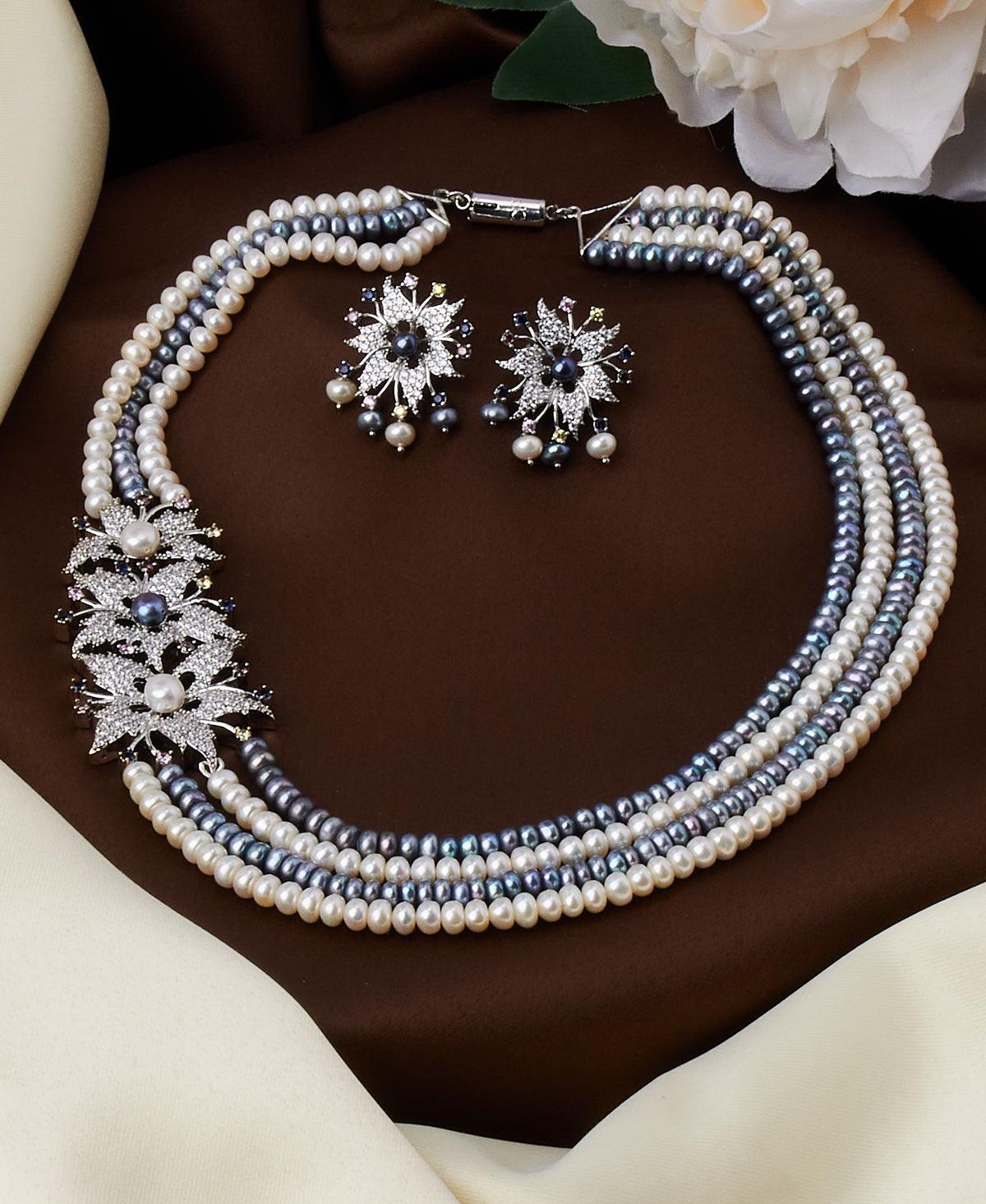 Triple Florial Gorgeous White/Black Pearl Necklace Set - Chandrani Pearls