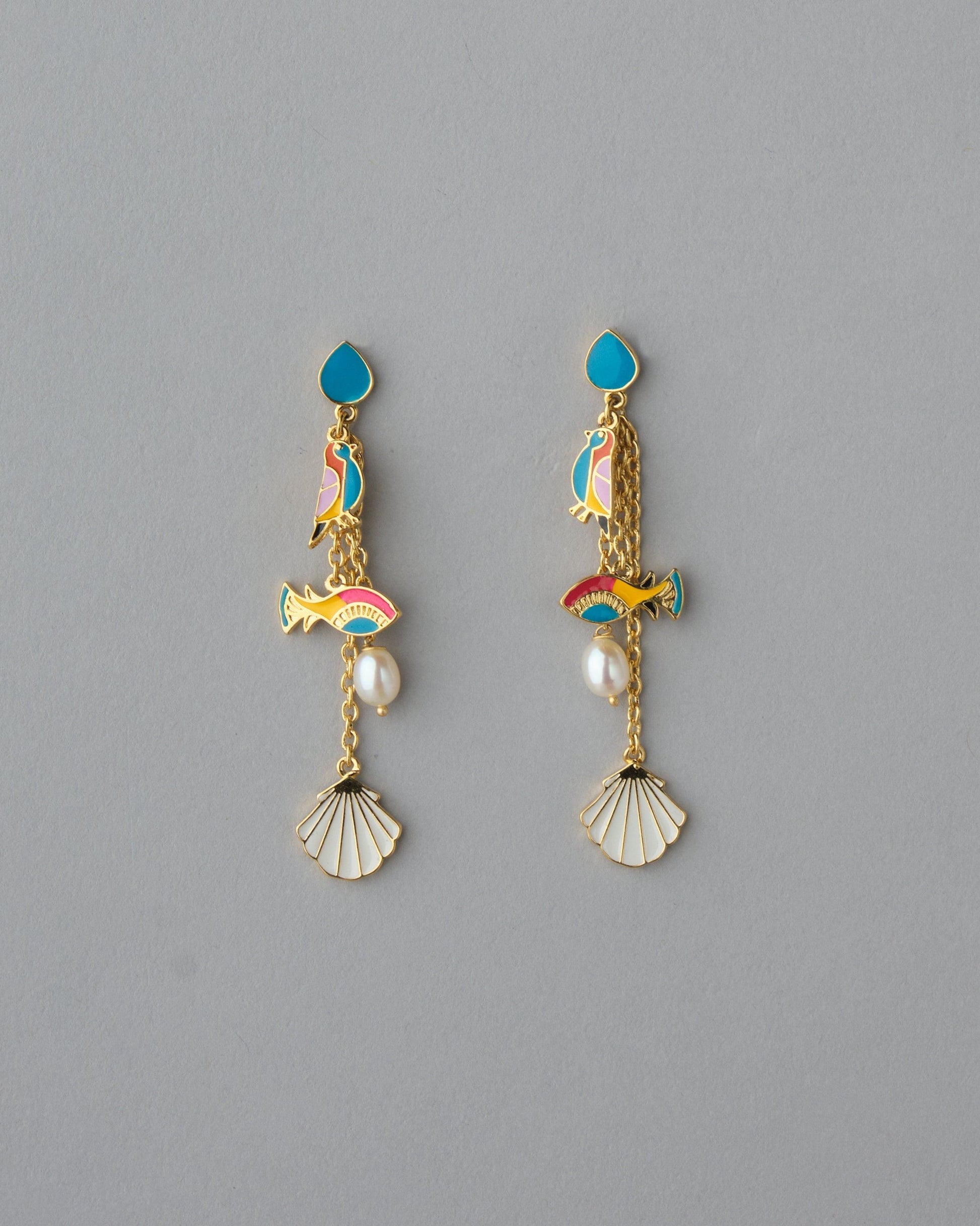 Viha Fish & Bird Enamel Drop Pearl Earring - Chandrani Pearls