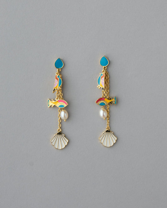 Viha Fish & Bird Enamel Drop Pearl Earring - Chandrani Pearls