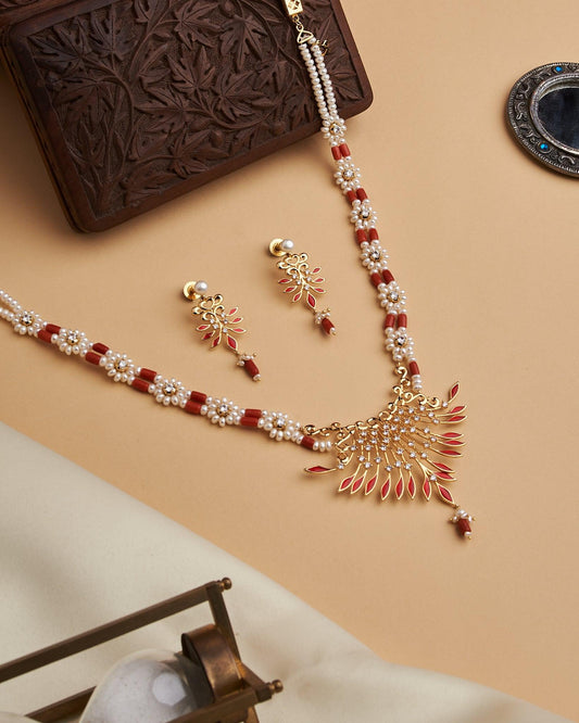 White Pearl and Red Bead Necklace Set - Chandrani Pearls