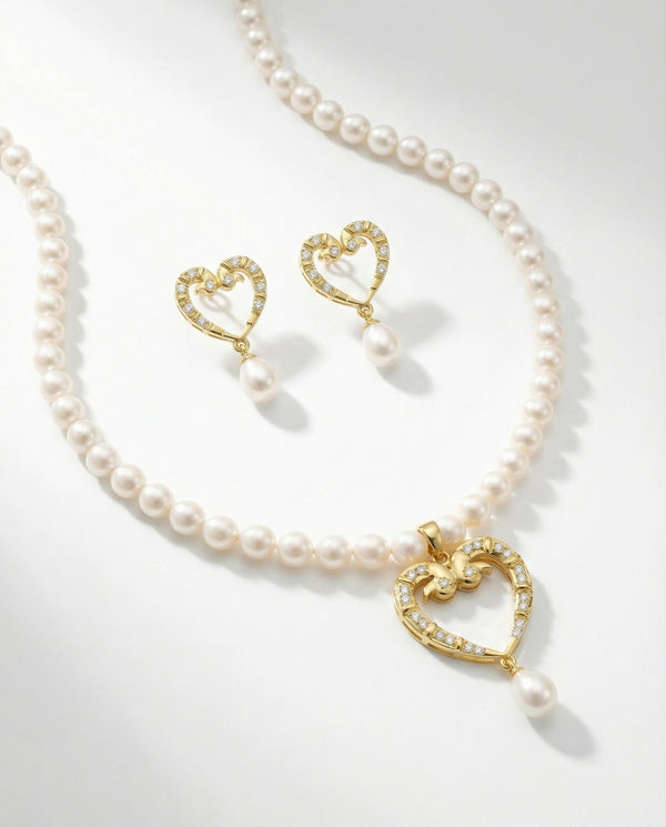 Vintage-Style Golden Heart Pearl Set