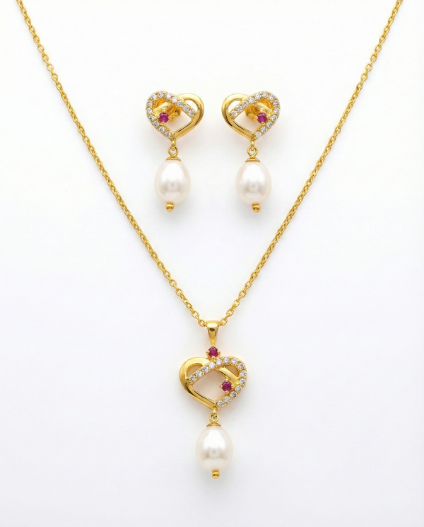 Dual Heart Ruby Accent Pearl Drop Pendant with Earrings Set