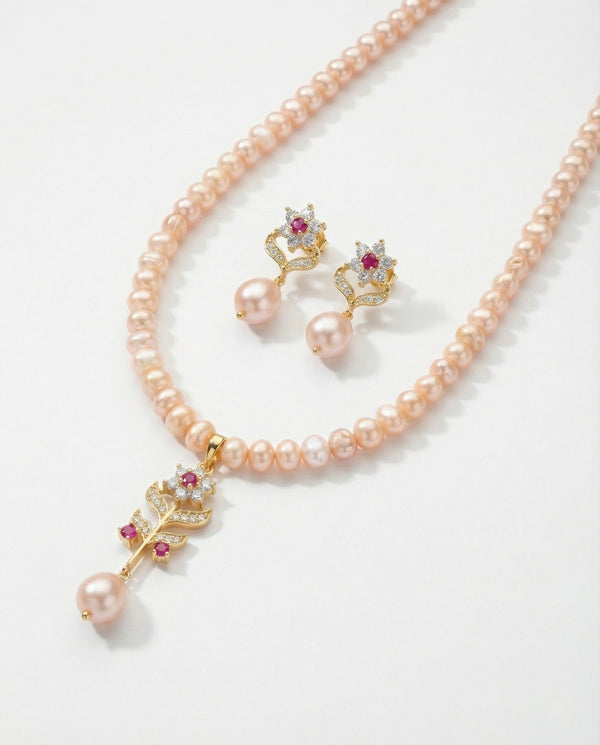 Elegant Peach Pearl Floral Necklace Set