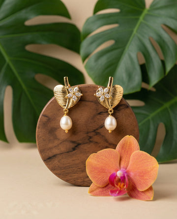 Gilded Leaf & Crystal Bloom Pearl Drop Earrings