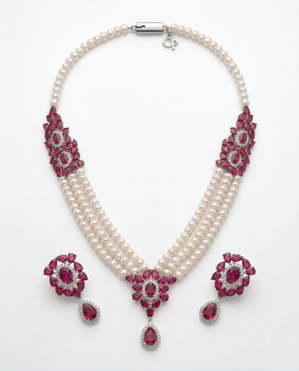 Crimson Blossom Triple-Strand Pearl & Ruby-Tone Jewellery Set