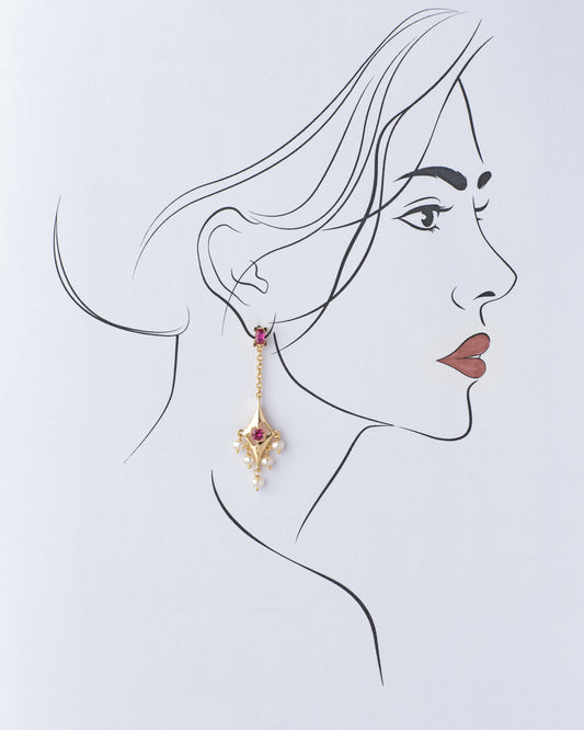 Illustration of a woman's profile with a three-dimensional Ethnic Pearl Hanging Jhumkas from Chandrani Pearls India attached.